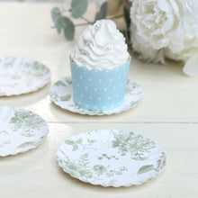 100 Pack White Sage Green French Toile Mini Paper Plates with Scalloped Rim