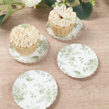 100 Pack White Sage Green French Toile Mini Paper Plates with Scalloped Rim