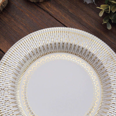25-Pack Paper Round Dessert Plates 8" Gold And White Vintage Porcelain Style - 300GSM Heavy Duty Disposable Salad Appetizer Plates for Classy Themes & Celebrations