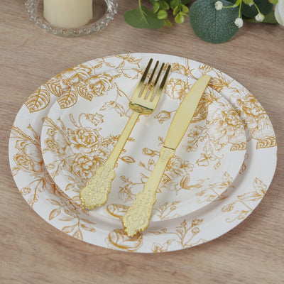 25-Pack Paper Round Dessert Plates 7" White with Gold French Toile Pattern - Disposable Floral Salad Appetizer Plates for Classy Event Decor