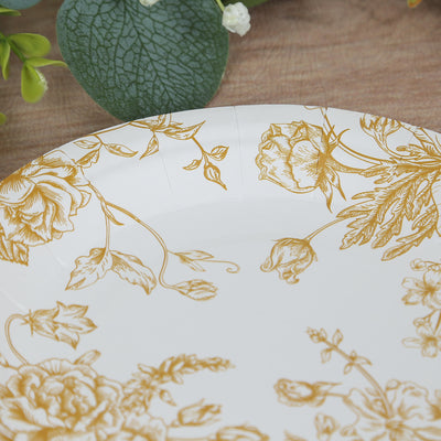 25-Pack Paper Round Dessert Plates 7" White with Gold French Toile Pattern - Disposable Floral Salad Appetizer Plates for Classy Event Decor