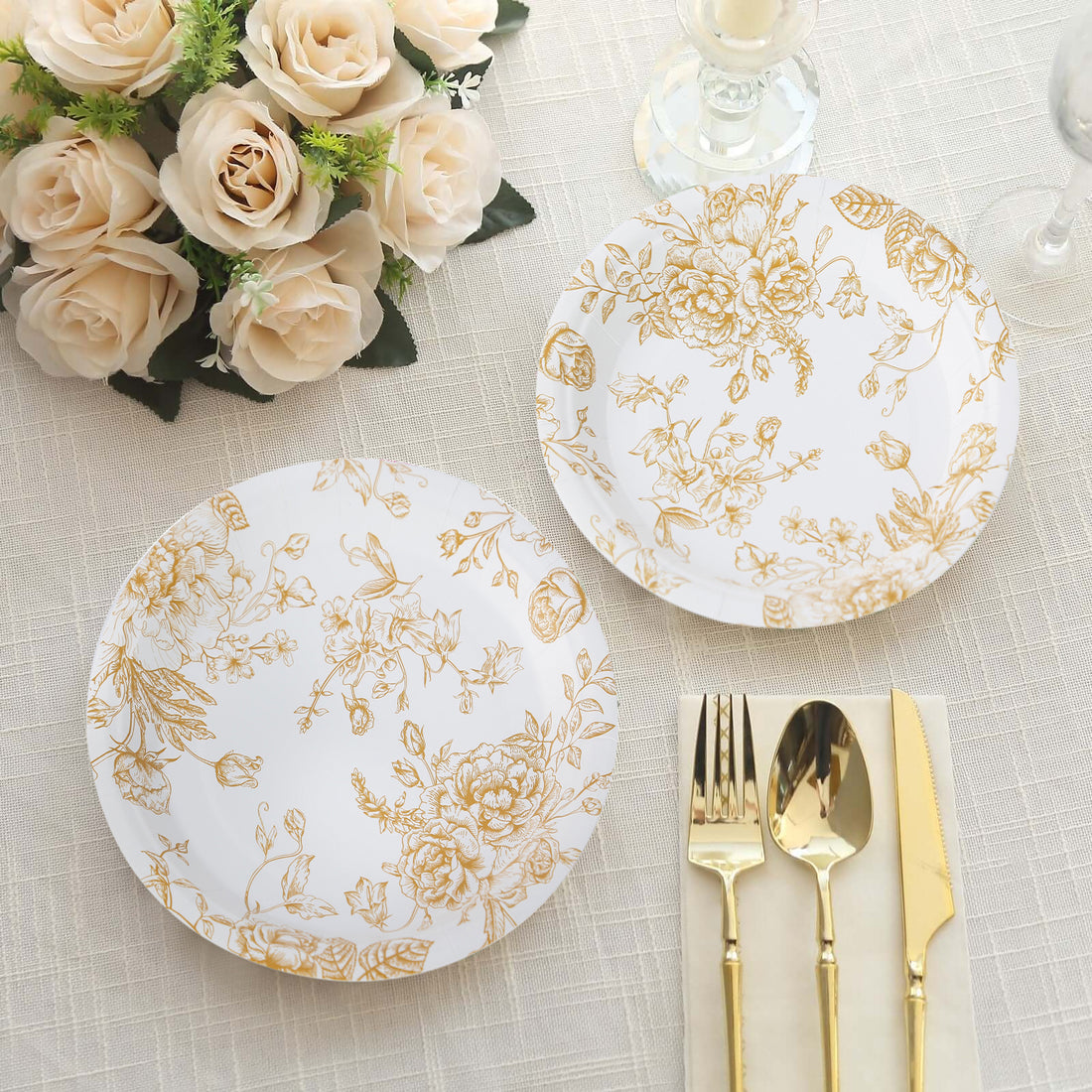 25 Pack White Gold French Toile Paper Dessert Plates, Round Disposable Salad Appetizer Plate