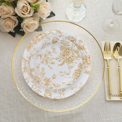 25-Pack Paper Round Dessert Plates 7" White with Gold French Toile Pattern - Disposable Floral Salad Appetizer Plates for Classy Event Decor