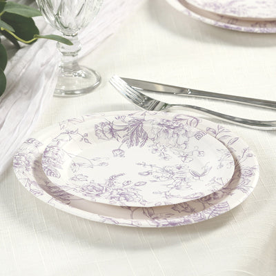 25-Pack Paper Round Dessert Plates 7" White with Lavender Lilac French Toile Pattern - Disposable Floral Salad Appetizer Plates