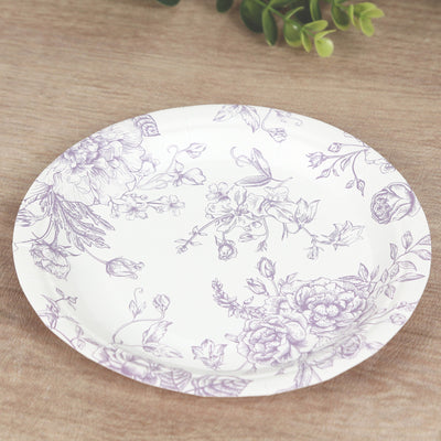 25-Pack Paper Round Dessert Plates 7" White with Lavender Lilac French Toile Pattern - Disposable Floral Salad Appetizer Plates