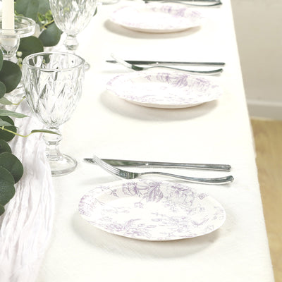 25-Pack Paper Round Dessert Plates 7" White with Lavender Lilac French Toile Pattern - Disposable Floral Salad Appetizer Plates