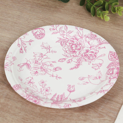 25-Pack Paper Round Dessert Plates 7" White with Pink French Toile Pattern - Disposable Floral Salad Appetizer Plates