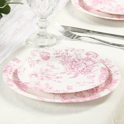 25-Pack Paper Round Dessert Plates 7" White with Pink French Toile Pattern - Disposable Floral Salad Appetizer Plates