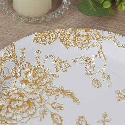 25-Pack Paper Round Dinner Plates 9" White with Gold French Toile Pattern - Disposable Floral Party Plates for Chic Events