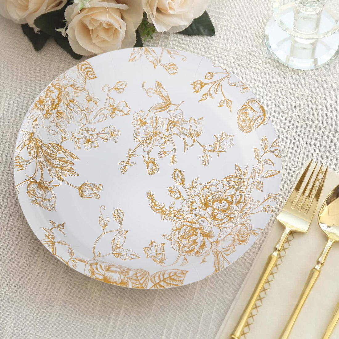 25 Pack White Gold French Toile Paper Party Plates, Round Disposable Dinner Plates