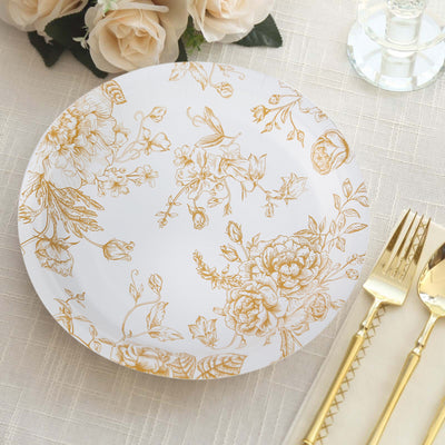 25-Pack Paper Round Dinner Plates 9" White with Gold French Toile Pattern - Disposable Floral Party Plates for Chic Events