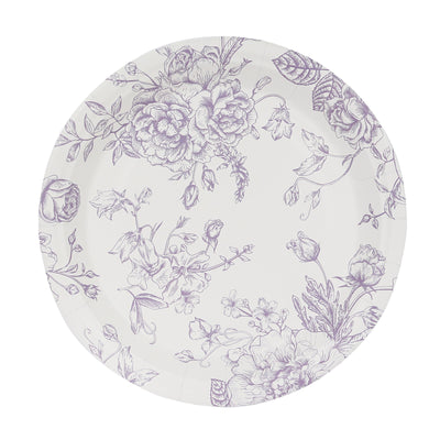 25-Pack Paper Round Dinner Plates 9" White with Lavender Lilac French Toile Pattern - Disposable Floral Party Plates for Chic Events