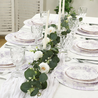 25-Pack Paper Round Dinner Plates 9" White with Lavender Lilac French Toile Pattern - Disposable Floral Party Plates for Chic Events