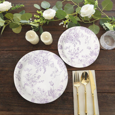 25-Pack Paper Round Dinner Plates 9" White with Lavender Lilac French Toile Pattern - Disposable Floral Party Plates for Chic Events