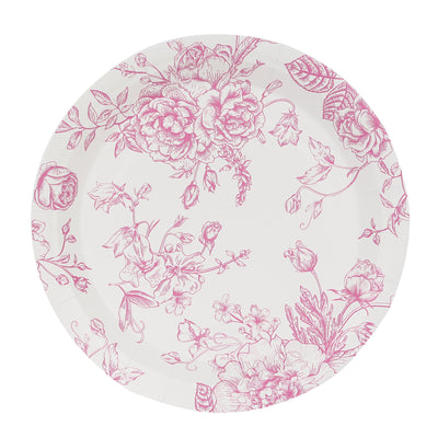 25-Pack Paper Round Dinner Plates 9" White with Pink French Toile Pattern - Disposable Floral Party Plates for Chic Events