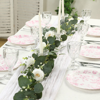 25-Pack Paper Round Dinner Plates 9" White with Pink French Toile Pattern - Disposable Floral Party Plates for Chic Events