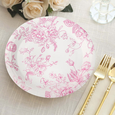 25-Pack Paper Round Dinner Plates 9" White with Pink French Toile Pattern - Disposable Floral Party Plates for Chic Events