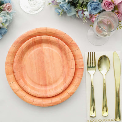 25-Pack Paper Round Dessert Plates 7" Natural Wood Grain Print - Rustic Farmhouse Style Disposable Appetizer Salad Plates