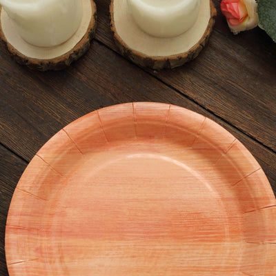 25-Pack Paper Round Dessert Plates 7" Natural Wood Grain Print - Rustic Farmhouse Style Disposable Appetizer Salad Plates