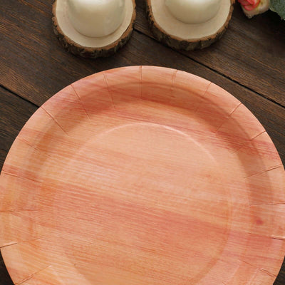 25-Pack Paper Round Dinner Plates 10" Natural Wood Grain Print - Disposable Party Plates Rustic & Nature-Inspired Events