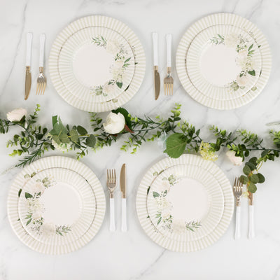 25-Pack Paper Round Dessert Plates 8" White with Sage Green Floral Print & Lined Rim - Disposable Appetizer Salad Party Plates for Bridal Showers & Luncheons