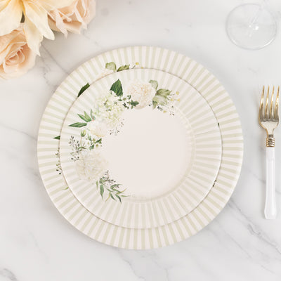 25-Pack Paper Round Dessert Plates 8" White with Sage Green Floral Print & Lined Rim - Disposable Appetizer Salad Party Plates for Bridal Showers & Luncheons