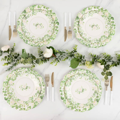 25-Pack Paper Round Dinner Plates 11" White with Floral Greenery & Scalloped Edges - Disposable Party Plates for Rustic Weddings & Garden Brunches