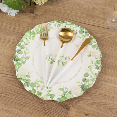 25-Pack Paper Round Dinner Plates 11" White with Floral Greenery & Scalloped Edges - Disposable Party Plates for Rustic Weddings & Garden Brunches