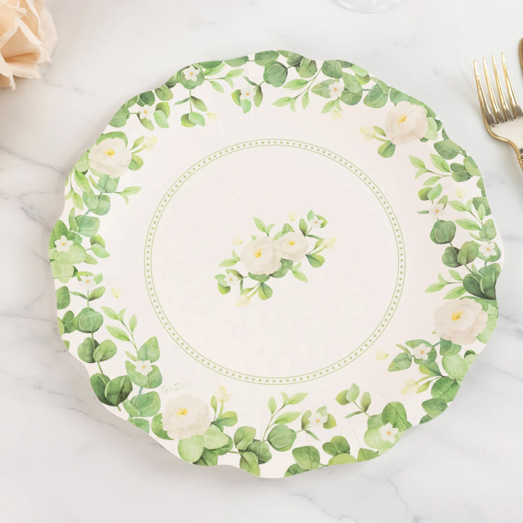 25 Pack White Floral Greenery Dinner Paper Plates with Scalloped Edge