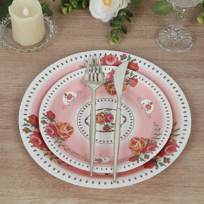 25-Pack Paper Round Dessert Plates 7" Dusty Rose with Vintage Rose Flower Print - Disposable Appetizer Salad Plates for High Tea Gatherings & Romantic Celebrations