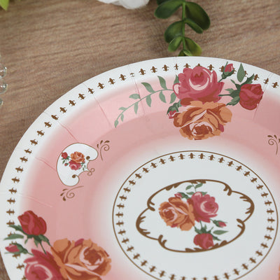 25-Pack Paper Round Dessert Plates 7" Dusty Rose with Vintage Rose Flower Print - Disposable Appetizer Salad Plates for High Tea Gatherings & Romantic Celebrations