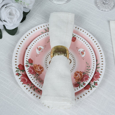25-Pack Paper Round Dessert Plates 7" Dusty Rose with Vintage Rose Flower Print - Disposable Appetizer Salad Plates for High Tea Gatherings & Romantic Celebrations