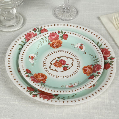 25-Pack Paper Round Dessert Plates 7" Light Turquoise with Vintage Rose Flower Print - Disposable Appetizer Salad Plates for High Tea Gatherings & Romantic Celebrations