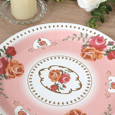 25-Pack Paper Round Dinner Plates 9" Dusty Rose with Vintage Rose Flower Print - Disposable Plates for Bridal Showers & Garden Luncheons