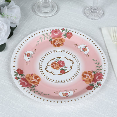 25-Pack Paper Round Dinner Plates 9" Dusty Rose with Vintage Rose Flower Print - Disposable Plates for Bridal Showers & Garden Luncheons