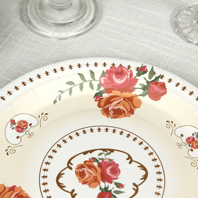 25-Pack Paper Round Dinner Plates 9" Ivory with Vintage Rose Flower Print - Disposable Plates for Bridal Showers & Garden Luncheons