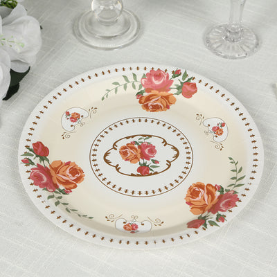 25-Pack Paper Round Dinner Plates 9" Ivory with Vintage Rose Flower Print - Disposable Plates for Bridal Showers & Garden Luncheons