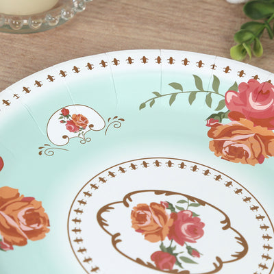25-Pack Paper Round Dinner Plates 9" Light Turquoise with Vintage Rose Flower Print - Disposable Plates for Bridal Showers & Garden Luncheons