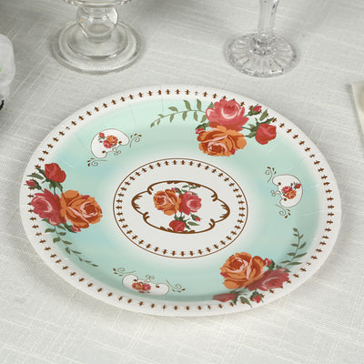 25-Pack Paper Round Dinner Plates 9" Light Turquoise with Vintage Rose Flower Print - Disposable Plates for Bridal Showers & Garden Luncheons