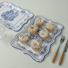 10 Pack White Blue Disposable Serving Trays with French Toile Pattern, Heavy Duty 400 GSM Paper Rect