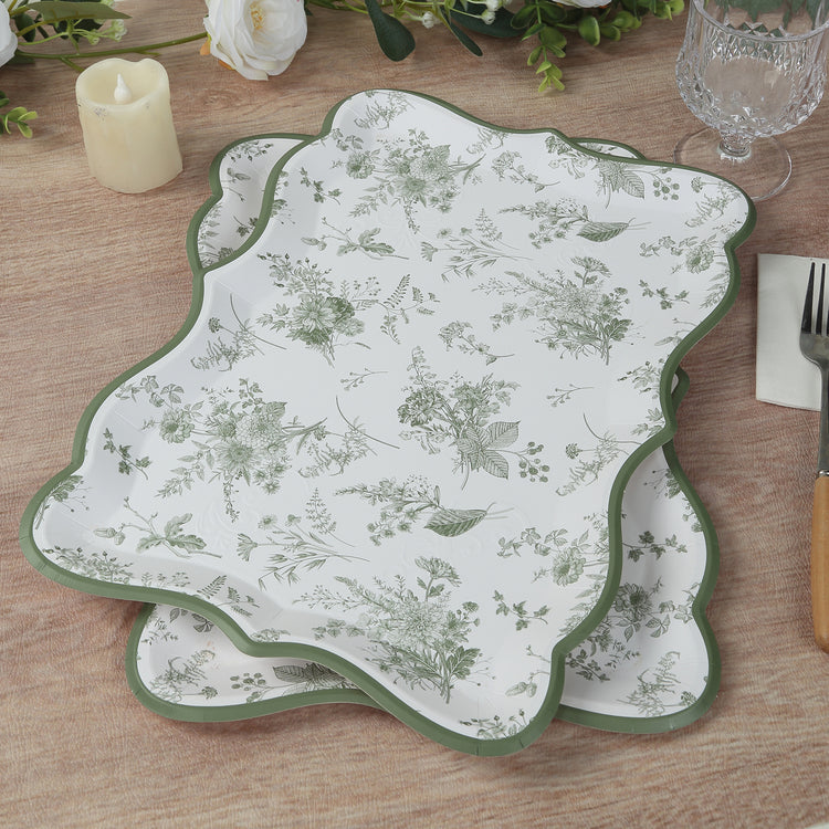 10 Pack White Sage Green Disposable Serving Trays with French Toile Pattern, Heavy Duty