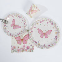96 Pcs White Pink Butterfly Print Disposable Dinnerware Set, Paper Plates Cups Napkins Party Supplies