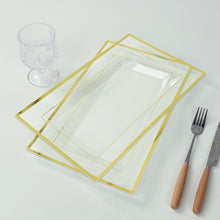 10 Pack Clear Rectangular Plastic Serving Trays with Gold Rim, Disposable Appetizer Snack Party