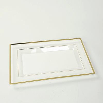 10-Pack Plastic Rectangle Serving Trays 13"x8" Clear with Gold Rim - Classy Disposable Party Platters for Appetizers Pastries Desserts