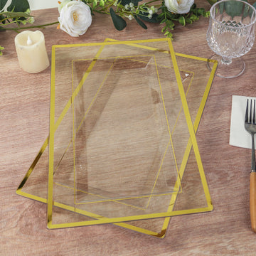 10 Pack Clear Rectangular Plastic Serving Trays with Gold Rim, Disposable Appetizer Snack Party Platters - 13"x8"