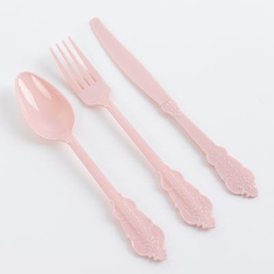 72 Pcs Plastic Silverware Set Blush in Baroque Style - Heavy Duty Disposable Knife, Fork, and Spoon Set