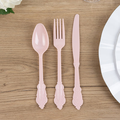 72 Pcs Plastic Silverware Set Blush in Baroque Style - Heavy Duty Disposable Knife, Fork, and Spoon Set