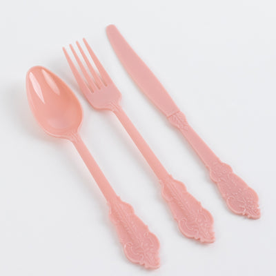 72 Pcs Plastic Silverware Set Dusty Rose in Baroque Style - Heavy Duty Disposable Knife, Fork, and Spoon Set