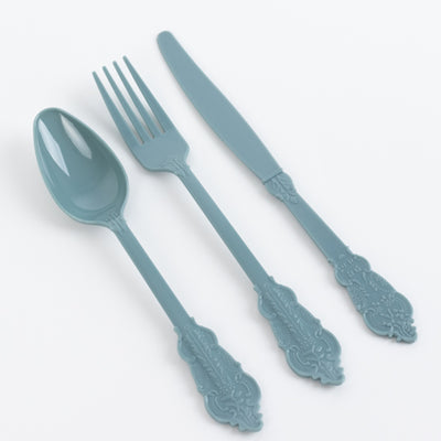 72 Pcs Plastic Silverware Set Dusty Blue in Baroque Style - Heavy Duty Disposable Knife, Fork, and Spoon Set
