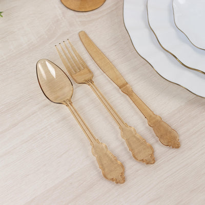 72 Pcs Plastic Silverware Set Amber Gold in Baroque Style - Heavy Duty Disposable Knife, Fork, and Spoon Set